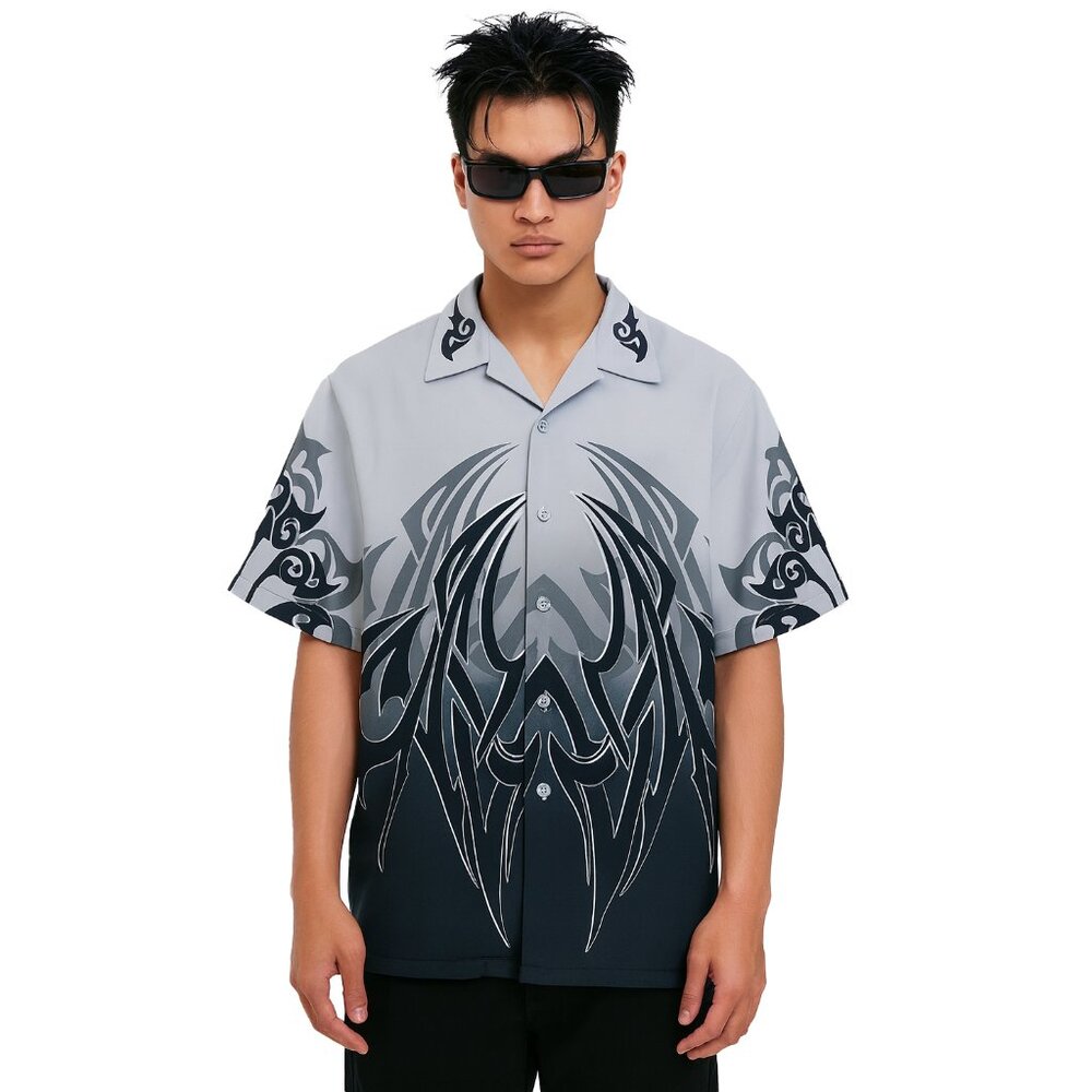 VTG Dragonfly Shirt Men M Gray Black Tribal Flame Button Loop Collar Grunge Bike